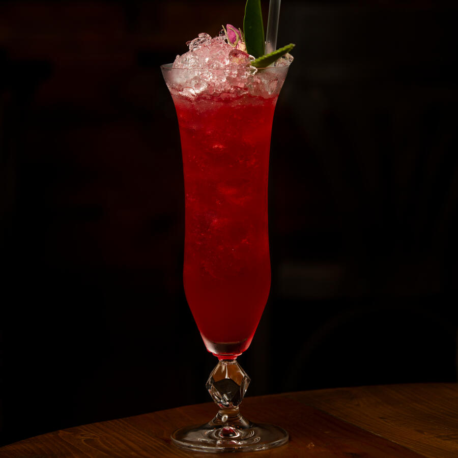 Rolanbery Soju Soju, Rolanberries, soda, and a splash of sweetened Dzo cream