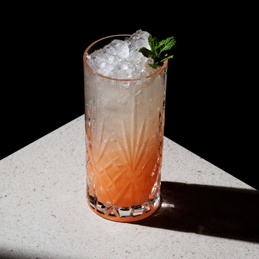 Namazu Royale Yuzu flavored Club Soda, Gin, Yuzu Juice, Lime, Ginger, Orange, and Mezcal